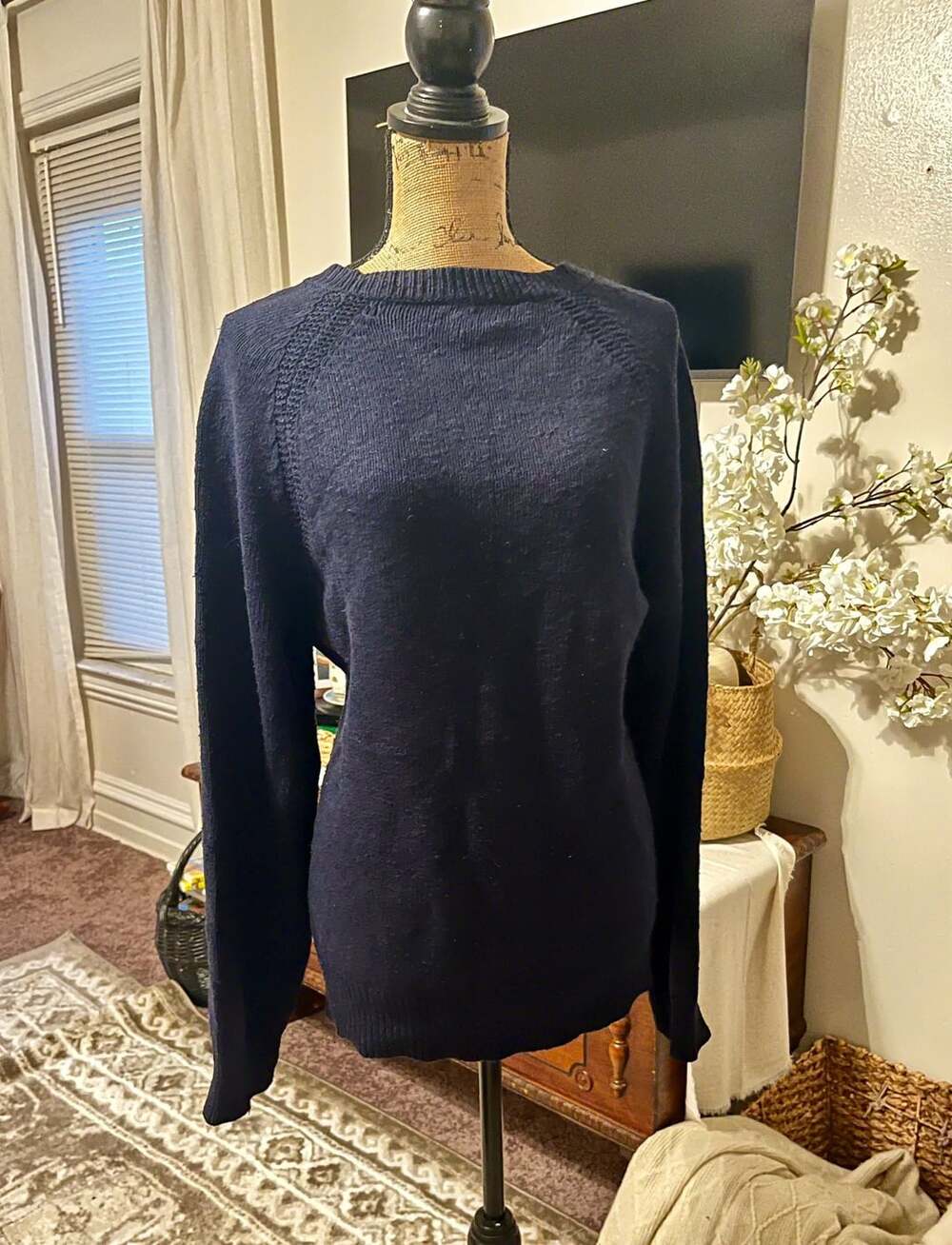 J.Crew Navy Blue 100% Cotton Long Sleeve Crewneck Knit Sweater Size Medium